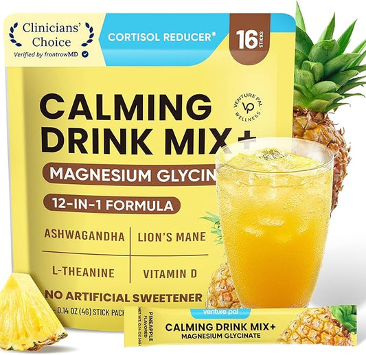 Venture Pal Calm Drink Mix, Cortisol Reducer and Sleep Aid with Magnesium Glycinate, Ashwagandha, L-Theanine,Vitamin D, Calm Magnesium Powder for Relax & Focus, No Sugar, Non GMO, Vegan & Gluten-Free