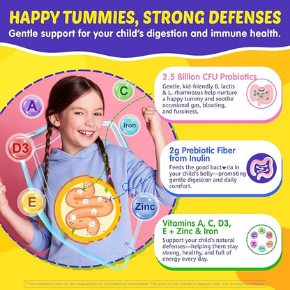 Kids Multivitamin Gummies with Iron, 450mg Algae Omega-3, Methylated B12, Folate, Fiber 2g, Probiotics, Magnesium, A, C, D, K, Zinc,Children Vitamins for Growth, Brain, Eye, Gut, Immune,Kids 4+ 120Cts