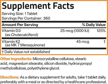 Bronson Vitamin K2 (MK7) with D3 Lower Dose 45mcg Vitamin K2 & 1000 IU Vitamin D3 Easy to Swallow Daily Maintenance 2 in 1 Formula Non-GMO, 360 Mini Tablets
