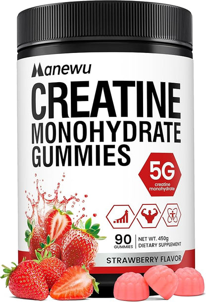 99.9% Creatine Monohydrate Gummies, SGS Certified, 5000mg Creatine Gummies for Men & Women, Support Muscle Strength, Recovery & Stamina, Sugar Free, Vegan, Non-GMO, Strawberry Flavor, 90 Count