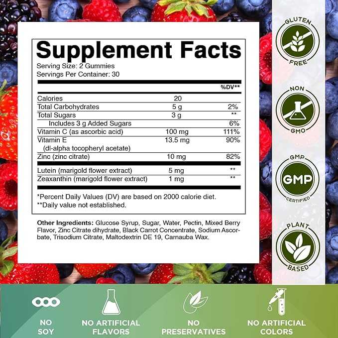Vitamatic Eye Health Gummies with Lutein, Zeaxanthin, Vitamin C, E & Zinc – Mixed Berry Flavor – 60 Gummies –Non-GMO, Gluten-Free