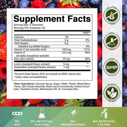 Vitamatic Eye Health Gummies with Lutein, Zeaxanthin, Vitamin C, E & Zinc – Mixed Berry Flavor – 60 Gummies –Non-GMO, Gluten-Free