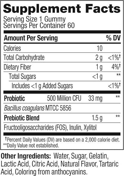 OLLY Probiotic + Prebiotic Gummy,Digestive Support and Gut Health,500 Million CFUs,Fiber,Adult Chewable Supplement for Men and Women,Peach,60 Day Supply -,60 Count (Pack of 2)