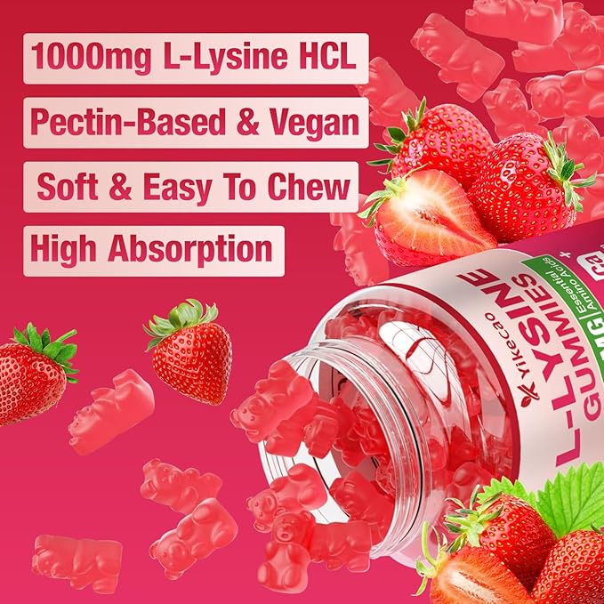 2 Pack L-Lysine 1000mg Gummies, Chewable Lysine Supplement for Lips & Skin, Immune Support, Essential Amino Acid, Non-GMO, Vegan, Gluten Free, Sugar-Free, Strawberry Flavor, 120 Count
