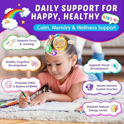 Kids Brain Gummies with Lion's Mane Mushroom, Methyl B6, B9, B12, Supper Greens, Lutein, Brain Booster Supplement for Focus & Attention, Cognitive Function, Vision & Energy, Sugar Free, Vegan 2 Pack