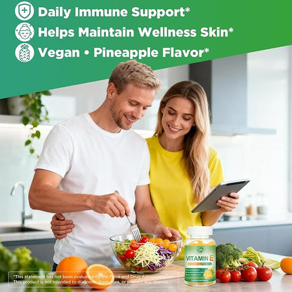 Laicuherb Vitamin E Gummies for Skin & Immune, Pineapple Flavor 268mg Per Serving Vitamin E 400 IU Gummies for Adults, 60 Count Sugar-Free Gluten-Free Vegan Gummy for Daily Wellness