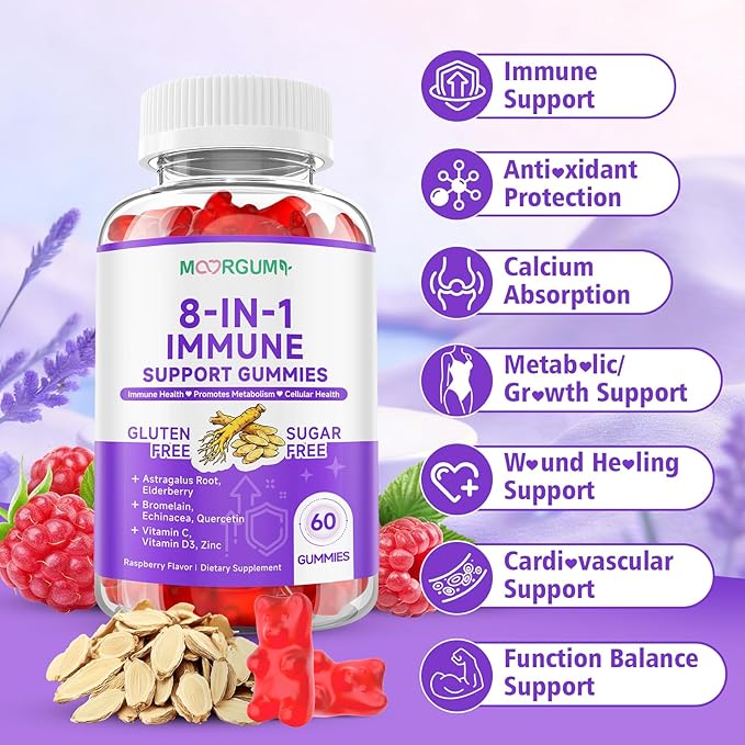 Immune Support Gummies – 8-in-1 Formula Herbal Supplements with Astragalus, Elderberry, Quercetin, Bromelain, Echinacea, Vitamin C, D3 and Zinc for Everyday Balance, Raspberry Flavor, 120 Count