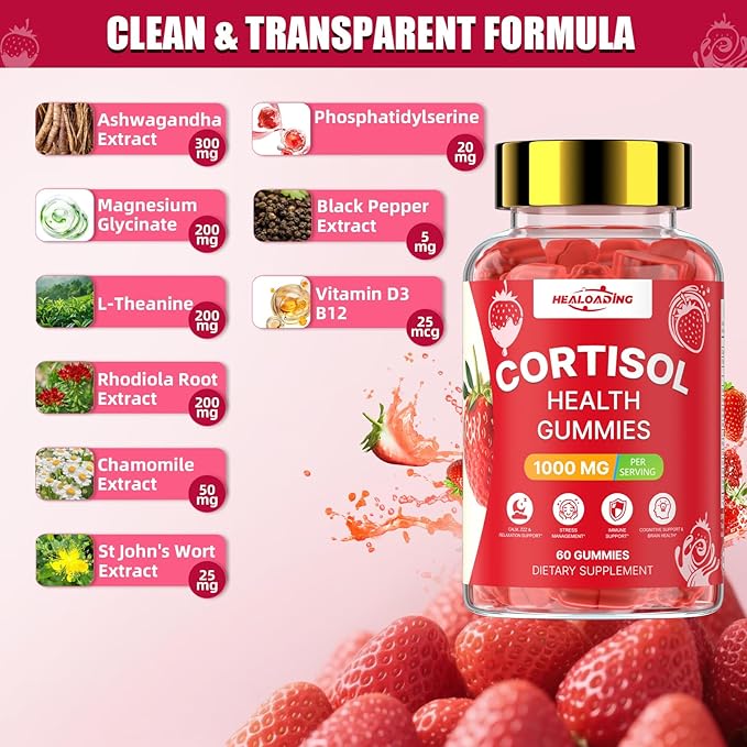 Cortisol Supplements for Women: Cortisol Reducer Gummies with Ashwagandha Magnesium L-theanine Phosphatidylserine Vitamin B12 for Daily Relaxation Support