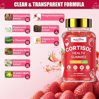 Cortisol Supplements for Women: Cortisol Reducer Gummies with Ashwagandha Magnesium L-theanine Phosphatidylserine Vitamin B12 for Daily Relaxation Support