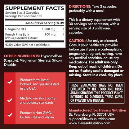 L-Arginine 1800mg and Pine Bark Extract 100mg - Nitric Oxide Supplement for Men - Performance Supplement for Men's Health - 90 Count - Endurance, Recovery Support - Vegan, Non-GMO Capsules
