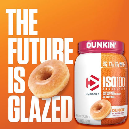 Dymatize x Dunkin' Glazed Donut ISO100 Whey Protein Powder, 25g of Protein, 5.5g BCAAs, 120 Cal., Gluten Free, 1g Fat, 1g Sugar, 2g Carb (20 Servings)