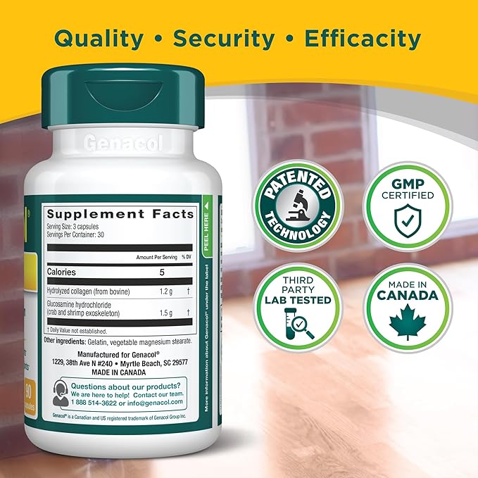 Genacol Plus – Glucosamine and Collagen Supplement, Ultra-Hydrolyzed Collagen Peptides, Eases Joint Movement, Maintains Cartilage, 90 Capsules (30-Day Supply)
