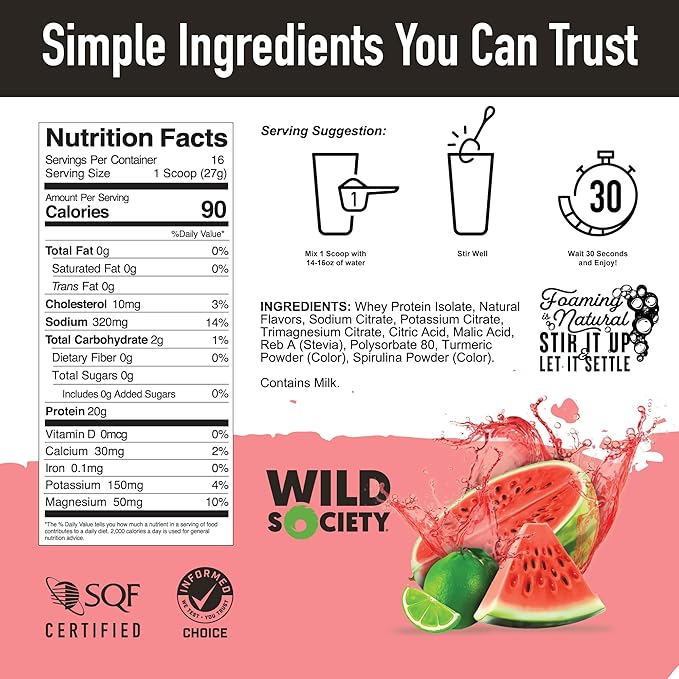 WILD SOCIETY - Clear Protein Powder + Electrolytes - 20g Clear Whey Protein Isolate Drink - Zero Sugar - 0g Lactose - Natural Flavors & Colors - Muscle Post Workout Recovery - Watermelon Lime, 16 oz