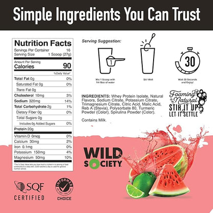 WILD SOCIETY - Clear Protein Powder + Electrolytes - 20g Clear Whey Protein Isolate Drink - Zero Sugar - 0g Lactose - Natural Flavors & Colors - Muscle Post Workout Recovery - Watermelon Lime, 16 oz