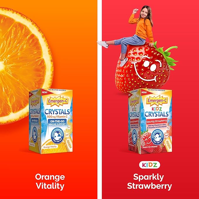 Emergen-C Kidz Crystals, On-the-Go Emergen-C Immune Support Supplement with Vitamin C, B Vitamins, Zinc and Manganese, Sparkly Strawberry, Stocking Stuffer - 56 Stick Packs