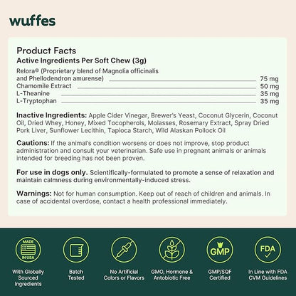 Wuffes Calming Soft Chews for Dogs, Stress Support Supplement with Relora®, L-Theanine, L-Tryptophan & Chamomile, Non-Drowsy Calming Relief for All Dogs, 60 Soft Chews