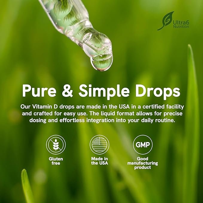 Ultra6 Nutrition Vitamin D and K2 Drops - Liquid Vitamin D3 with K2 Supplements for Adults - Easy-to-Take, Flavor-Free, Highly Absorbable VIT D3 and K2 Supplements, Made in USA (30 ml)
