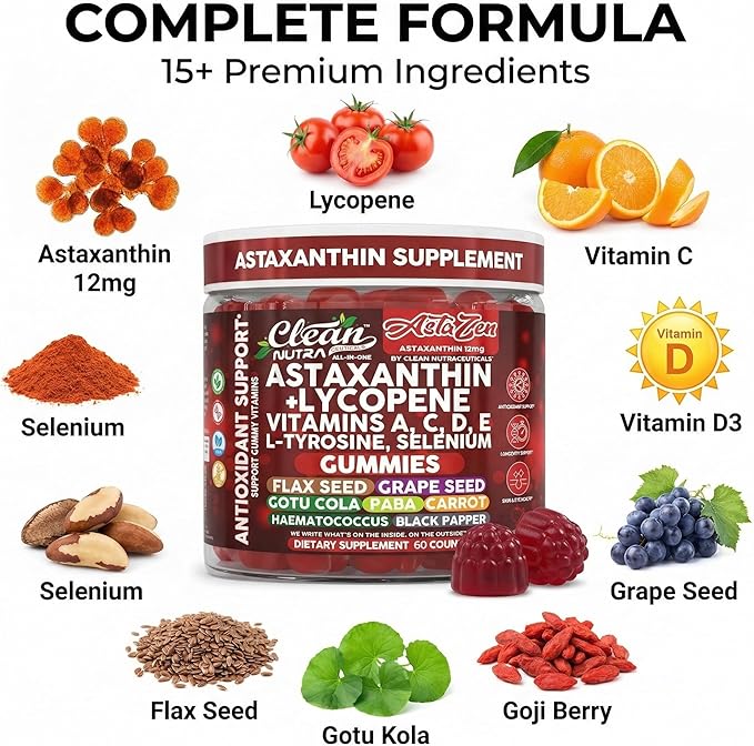 Clean Nutraceuticals AstaZen Astaxanthin Gummies 12mg - with Lycopene, Vitamins A C D E, L-Tyrosine & Selenium - Antioxidant Support Gummies - 60 Count