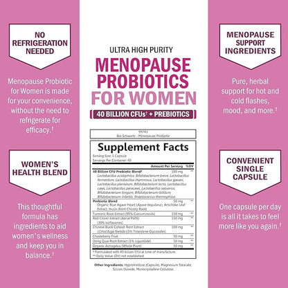 Menopause Supplements for Women - 40 Billion CFU Menopause Probiotics for Women - Support for Hot Flashes Night Sweats Mood Swings and Balance - Non-GMO, 60 Easy-Swallow Capsules, 60 Servings