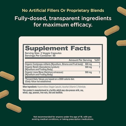 Genius Mushroom Supplement - Full-Spectrum Lion’s Mane, Cordyceps, Reishi -Daily Brain Nootropic for Energy, Focus, Memory & Overall Wellness - 180 Capsules – Organic for Mental Clarity & Performance