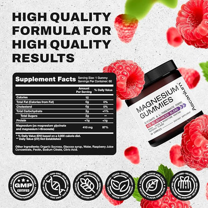 Magnesium Gummies - 410mg of Elemental Magnesium Glycinate & L-Threonate Supplement Complex - Vegan Magnesium Glycinate Gummies for Calm Mood, Muscle & Heart Support - Chewable Magnesium Gummy 60 pcs