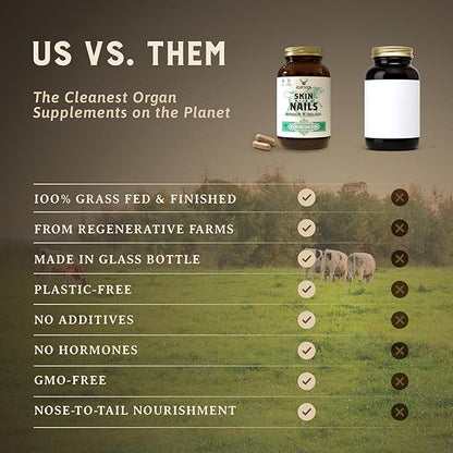 Heart & Soil – 100% Grass Fed & Finished Hair Skin and Nails Supplement from Regenerative Cattle with Cartilage, Liver, & Bone Marrow – 3000mg Beef Organs for Women & Men – Glass Bottle – 180 Capsules