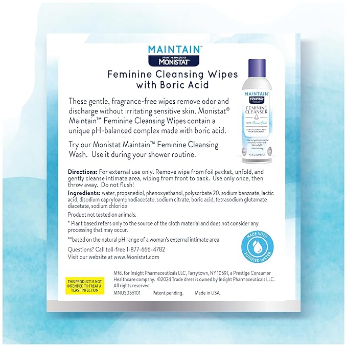 Monistat Maintain Boric Acid Feminine Wipes, Fragrance-Free, Non-Irritating and pH-Balanced Wipes for Women, Individually Wrapped Feminine Care, 12 Count