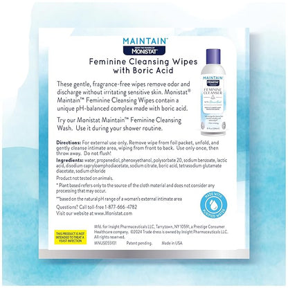 Monistat Maintain Boric Acid Feminine Wipes, Fragrance-Free, Non-Irritating and pH-Balanced Wipes for Women, Individually Wrapped Feminine Care, 12 Count