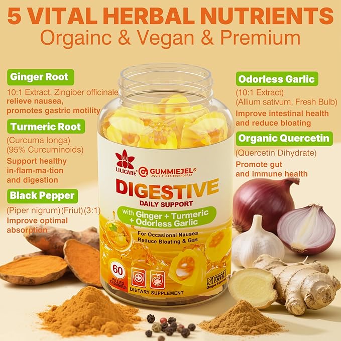 LILICARE Ginger Chews Gummies for Nausea & Digestive Support, Stomach Relief, Sugar Free with Turmeric,Odorless Garlic, Quercetin, Vitamin D3,Digestive Supplements for Occasional Bloating & Gas, 2Pack