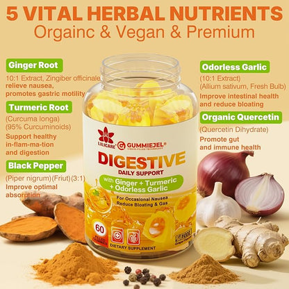 LILICARE Ginger Chews Gummies for Nausea & Digestive Support, Stomach Relief, Sugar Free with Turmeric,Odorless Garlic, Quercetin, Vitamin D3,Digestive Supplements for Occasional Bloating & Gas, 2Pack