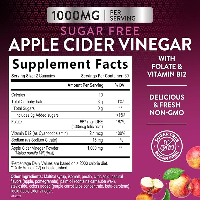 Apple Cider Vinegar Gummies for Weight Loss, Zero Sugar - Apple Cider Vinegar Powder 1000mg Per Serving - Vegan Apple Cider Vinegar Gummy for Detox & Cleanse - Sugar Free ACV Supplement - 120 Gummies