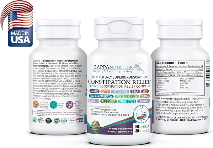 KAPPA NUTRITION Constipation Relief Supplement – Gentle Colon Cleanse for Regularity & Gut Health – Non-Habit Forming Formula with Fiber, Herbs & Probiotics – Non-GMO, 60 Capsules