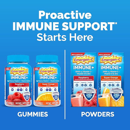 Emergen-C Immune+ Triple Action Immune Support Gummies, BetaVia (R), 1000mg Vitamin C, B Vitamins, Vitamin D and Antioxidants, Super Orange, Back to School Essentials - 45 Count