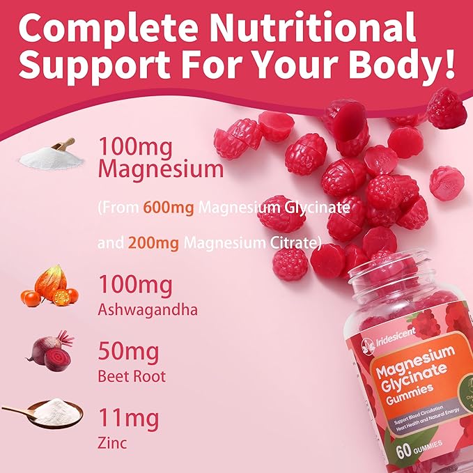 Magnesium Glycinate Gummies, Sugar Free Magnesium Supplement w/Ashwagandha, Zinc, Vegan Magnesium Glycinate Supplement for Adults - 120 Cherry Gummies