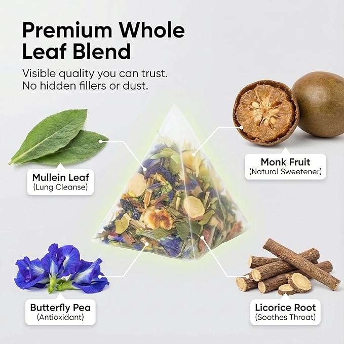 Herblight Mullein Leaf Tea with Monk Fruit, Spearmint & Butterfly Pea - Herbal Respiratory Support & Breath Refresh - Naturally Sweet Mullein Tea for Lungs - Caffeine-Free Whole Leaf Blend (25 Count)