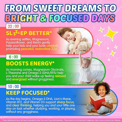 Focus Gummies for Kids & Adults, w/Magnesium Glycinate, Omega-3 DHA, Lion's Mane, L-Theanine, Methyl B12 & Vitamin D3, Brain Supplement Support Calm, Sleep, Attention, Concentration and Memory, 60Cts