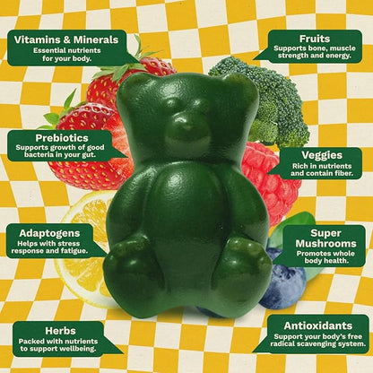 Gruns Multivitamin for Kids, Super Greens Gummies, Superfood Gummy Bears with 20+ Vitamins & Minerals, Spirulina, Chlorella, Alfalfa, Prebiotics Fiber for Digestive Health, Adaptogens Supplement, 28ct