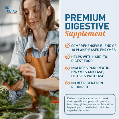 Dr. Tobias Digestive Enzymes Digestion Supplement with 18 Enzymes for Digestion and Gut Health | Includes Amylase Bromelain Lipase Lactase Protease Papain & More (30 Capsules 15 Servings)