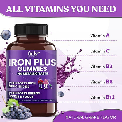 Iron Gummies Supplements for Adults (Women, Men) and Kids – Grape Flavor- Supports Anemia, Energy and Focus Levels – 200 Count