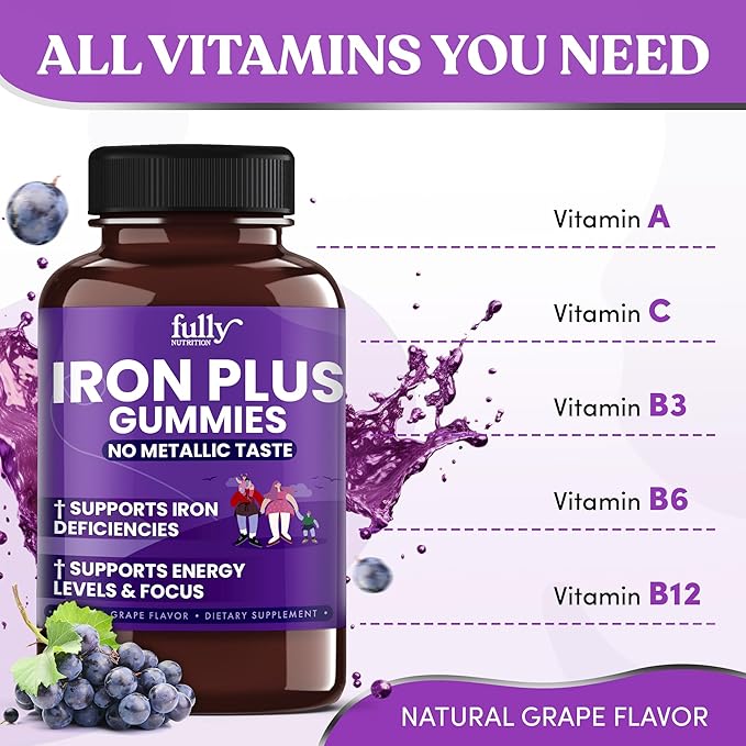 Iron Gummies Supplements for Women, Men and Kids – Health Blood & Energy Support for Iron Deficiency, Anemia, No After Taste- Fresh Grape Flavor- 100 Gummies (50 Days Supply)