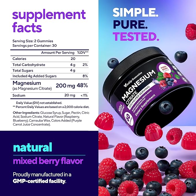 Magnesium Gummies for Women 200 mg – High Absorption Magnesium Citrate Gummies – Chewable Supplement for Adults to Support Normal Nerve, Bone & Heart Function – Vegan Chews, 60 Count
