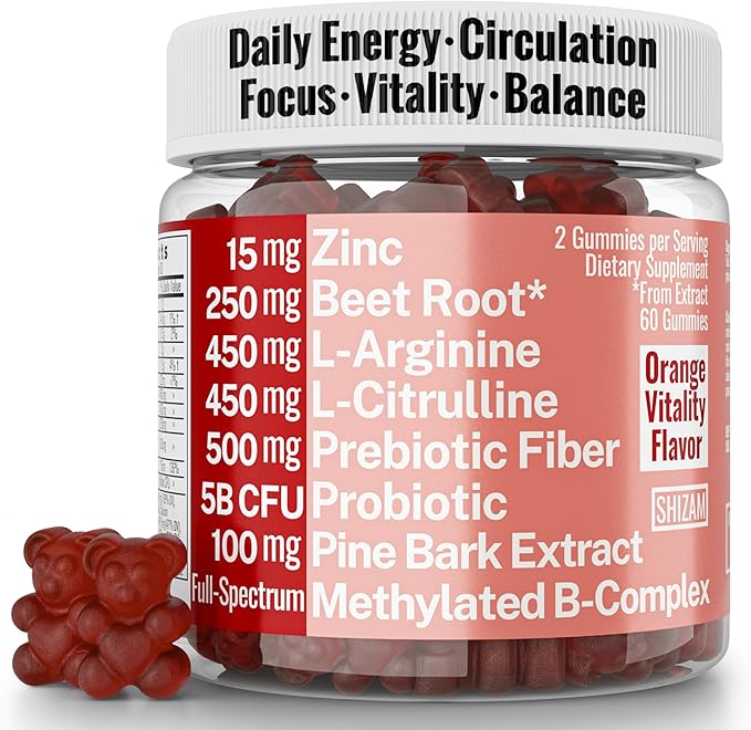 Pine Bark Extract L-Arginine L-Citrulline Beetroot Probiotic Fiber Methylated B Complex Zinc Gummies for Women Men Adults Kids w. Chicory Root Inulin 5-MTHF B6 P5P Powder Capsule Pill Supplement Alt