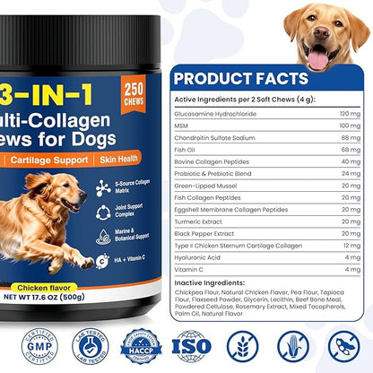 Multi Collagen Soft Chews for Dogs 250 Count for Hip & Joint Supplement Skin & Coat Health Cartilage Mobility Support with Glucosamine Probiotics Hyaluronic Acid Eggshell Membrane (Chicken Flavor)