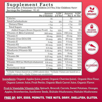 Llama Naturals Kids Multivitamin Gummies | Real Fruit, No Added Sugar Cane | Organic Vegan Toddler Whole Food Vitamins | Vitamin D, C & Beta Carotene Gummy Supplement | Cherry 180 Ct (2-3 Months)