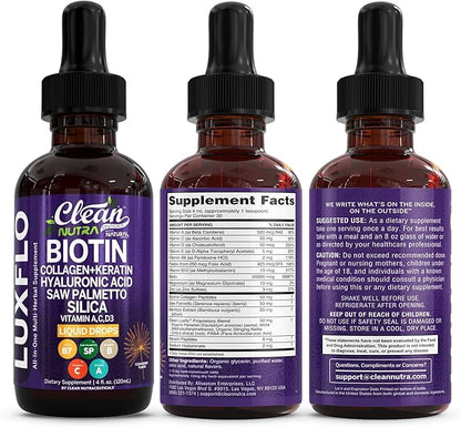 Liquid Biotin & Collagen Keratin Hyaluronic Acid Saw Palmetto Drops Vitamins for Hair Growth Support Silica Vitamin A C D Bamboo Turmeric Zinc Folate Magnesium Horsetail LuxFlo By Clean Nutra