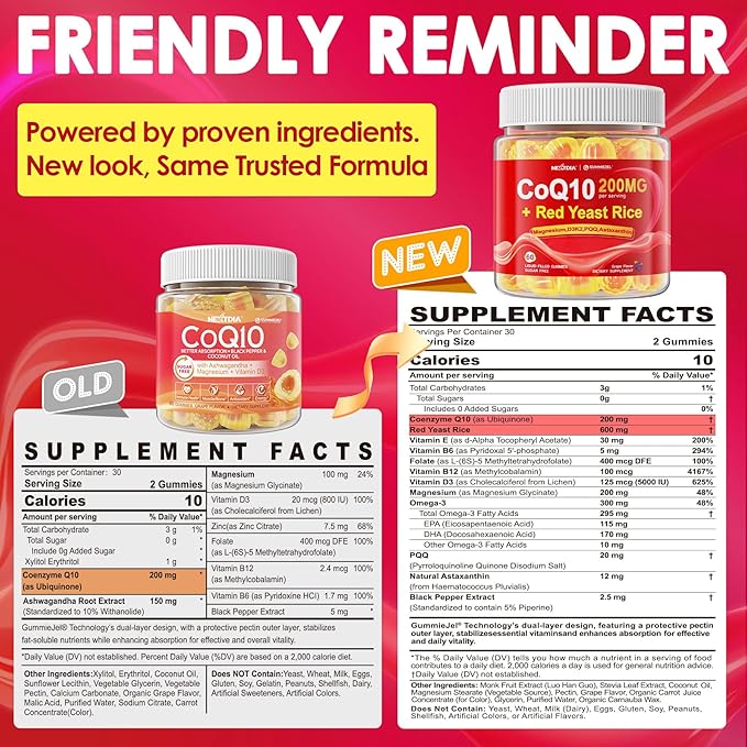 Red Yeast Rice Gummies 600mg & CoQ10 200mg for Adult, 12-in-1 High Absorption Coenzyme Q10 Supplement Plus Omega 3, PQQ, Astaxanthin, Methyl B12, Support Brain, Energy, Immunity, Antioxidant, 60Cts