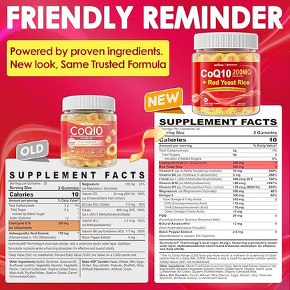 Red Yeast Rice Gummies 600mg & CoQ10 200mg for Adult, 12-in-1 High Absorption Coenzyme Q10 Supplement Plus Omega 3, PQQ, Astaxanthin, Methyl B12, Support Brain, Energy, Immunity, Antioxidant, 60Cts