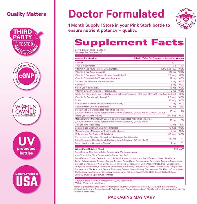Pink Stork Liquid Prenatal Vitamins for Women - for Fertility, Pregnancy, Postpartum - Morning Sickness Support - 64 Servings - 2 Pack