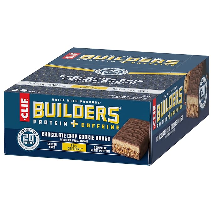 CLIF BUILDERS + Caffeine Protein Bars - Chocolate Chip Cookie Dough Flavor - 20g Plant Based Protein - Gluten Free - Non-GMO - Low Glycemic - No Artificial Sweeteners - 2.4 oz. (12 Pack)