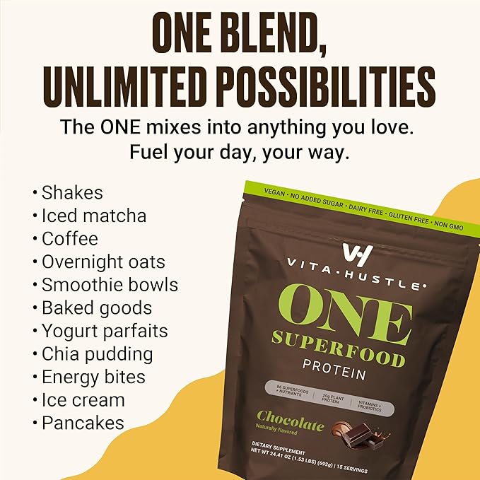 VitaHustle ONE Vegan Chocolate Protein Powder - 20g Plant Protein Meal Replacement with 86+ Superfoods & Greens, Probiotics + No Bloat Digestive Blend - Dairy Free, Gluten Free (15 Servings)